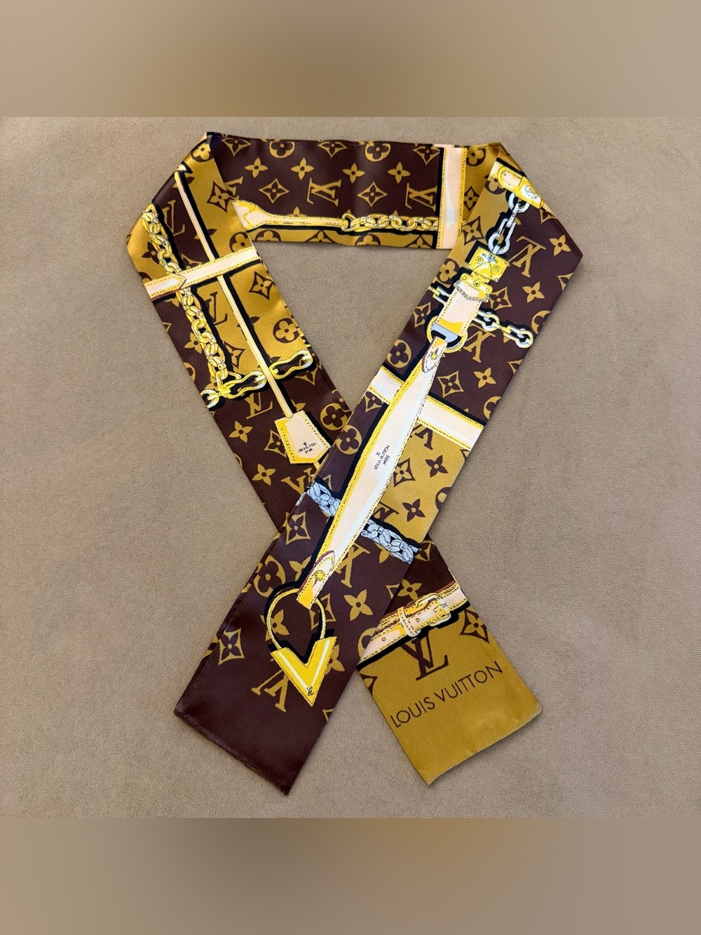 Brown and Gold Designer Women's Twilly Scarf